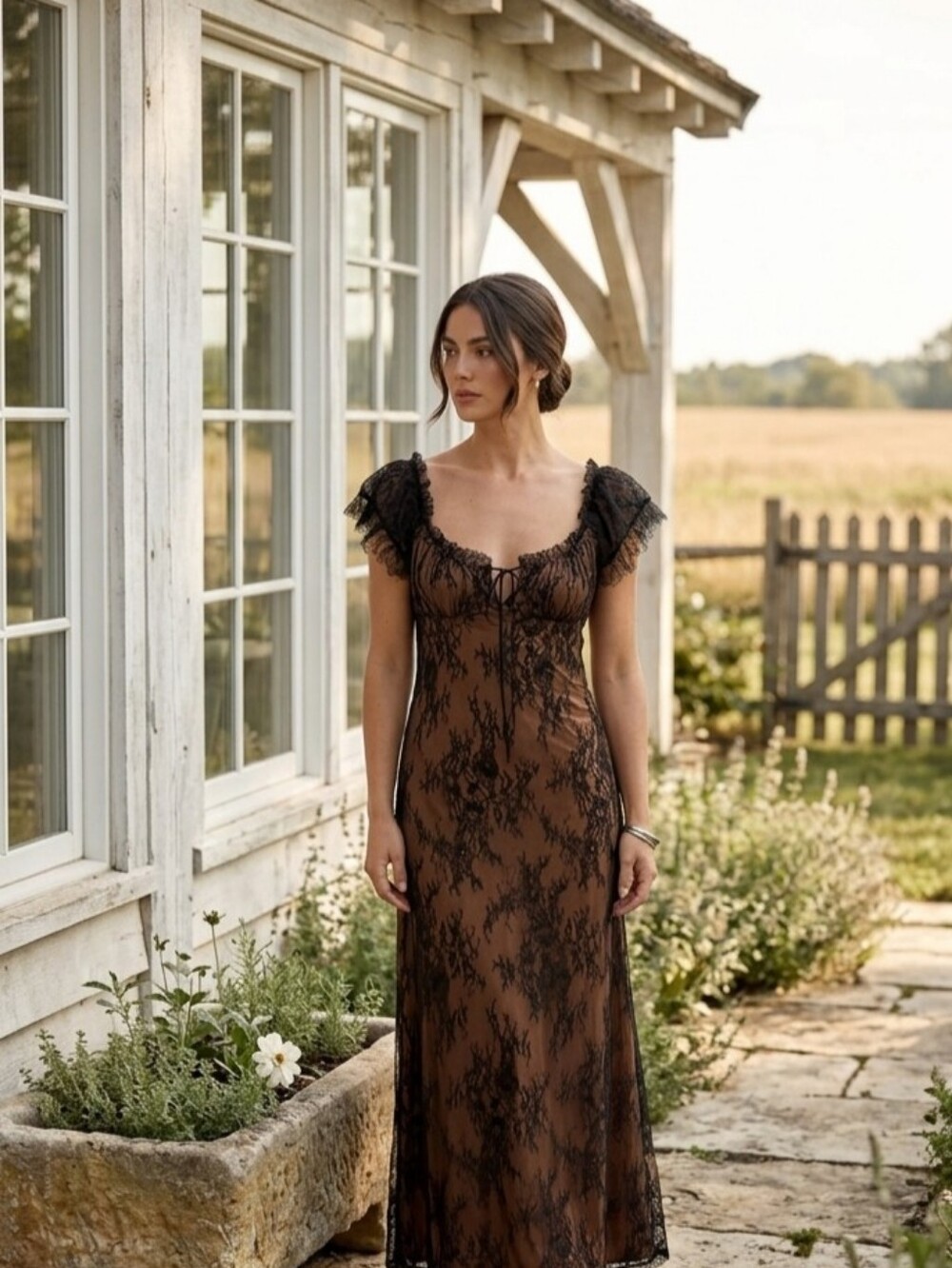 Rumored Victorian Ruffled Black Sheer Lace Tan Brown Midi Slip Dress Medium
